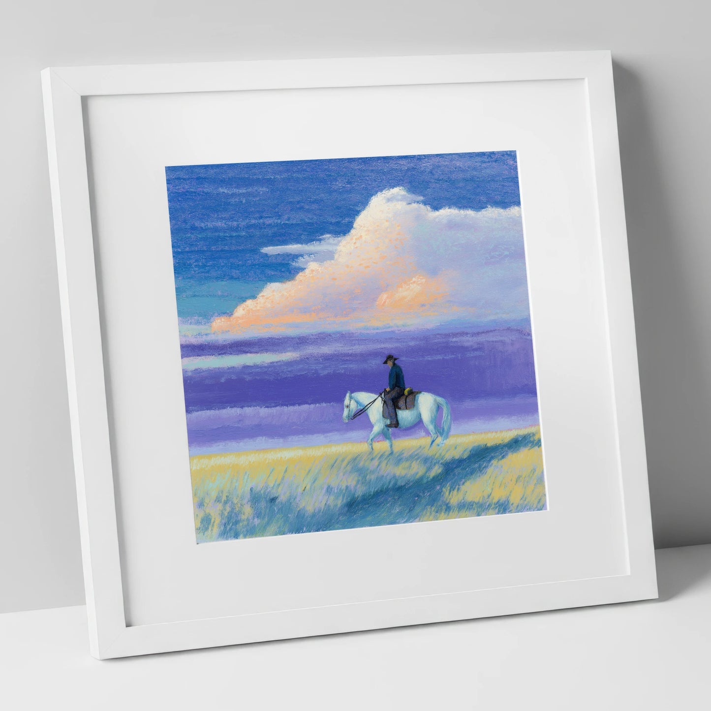 Beneath a Lilac Sky western horse art print in white frame