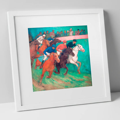 The Vibrant Furlong racing horse art print in white frame