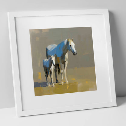 A Mother’s Quiet Watch mare & foal art print in white frame