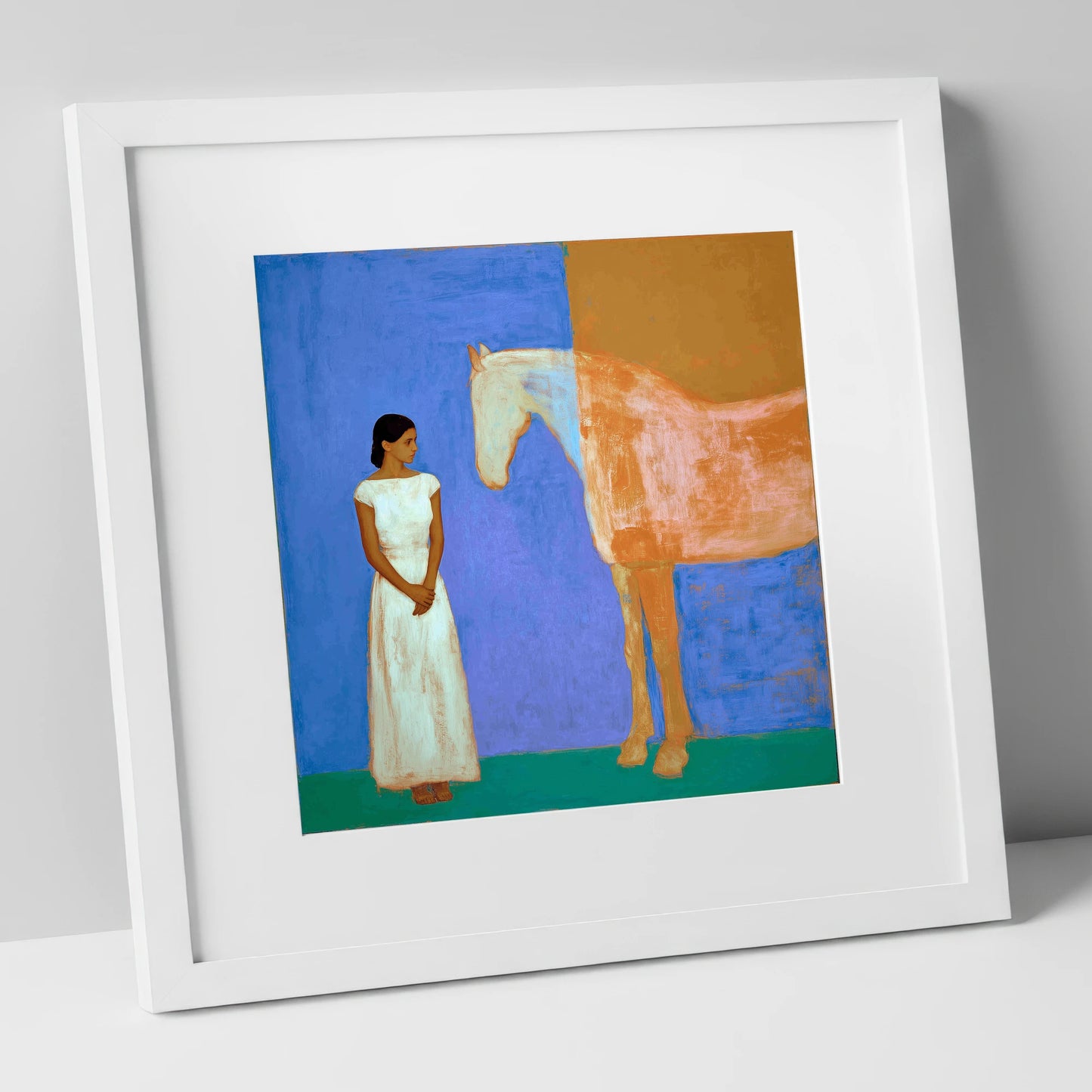 A Silent Understanding horse & rider art print in white frame