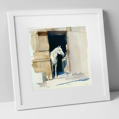 The Quiet Grey horse stable art print in white frame