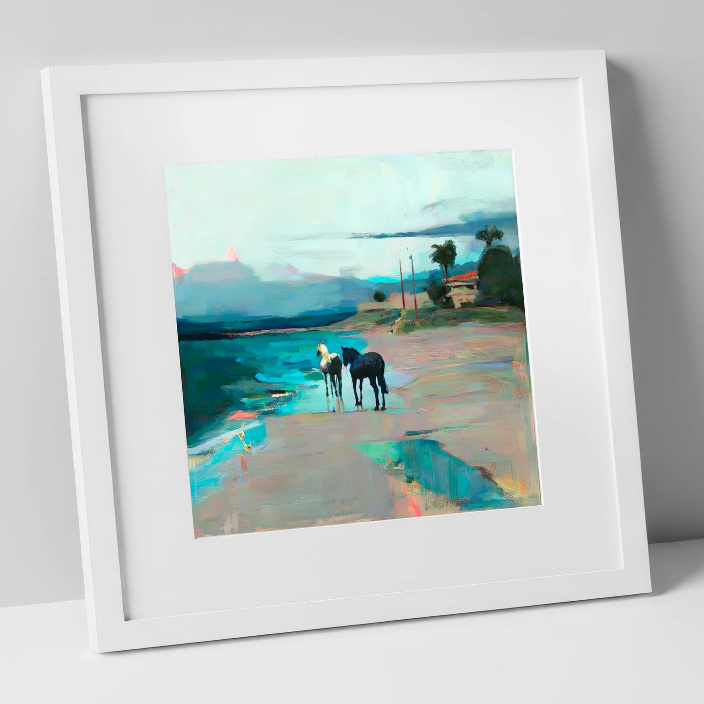 Dusk on the Shoreline horse landscape art print in white frame