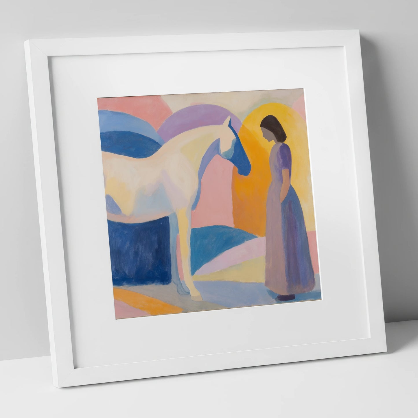 Quiet Connection horse & rider art print in white frame