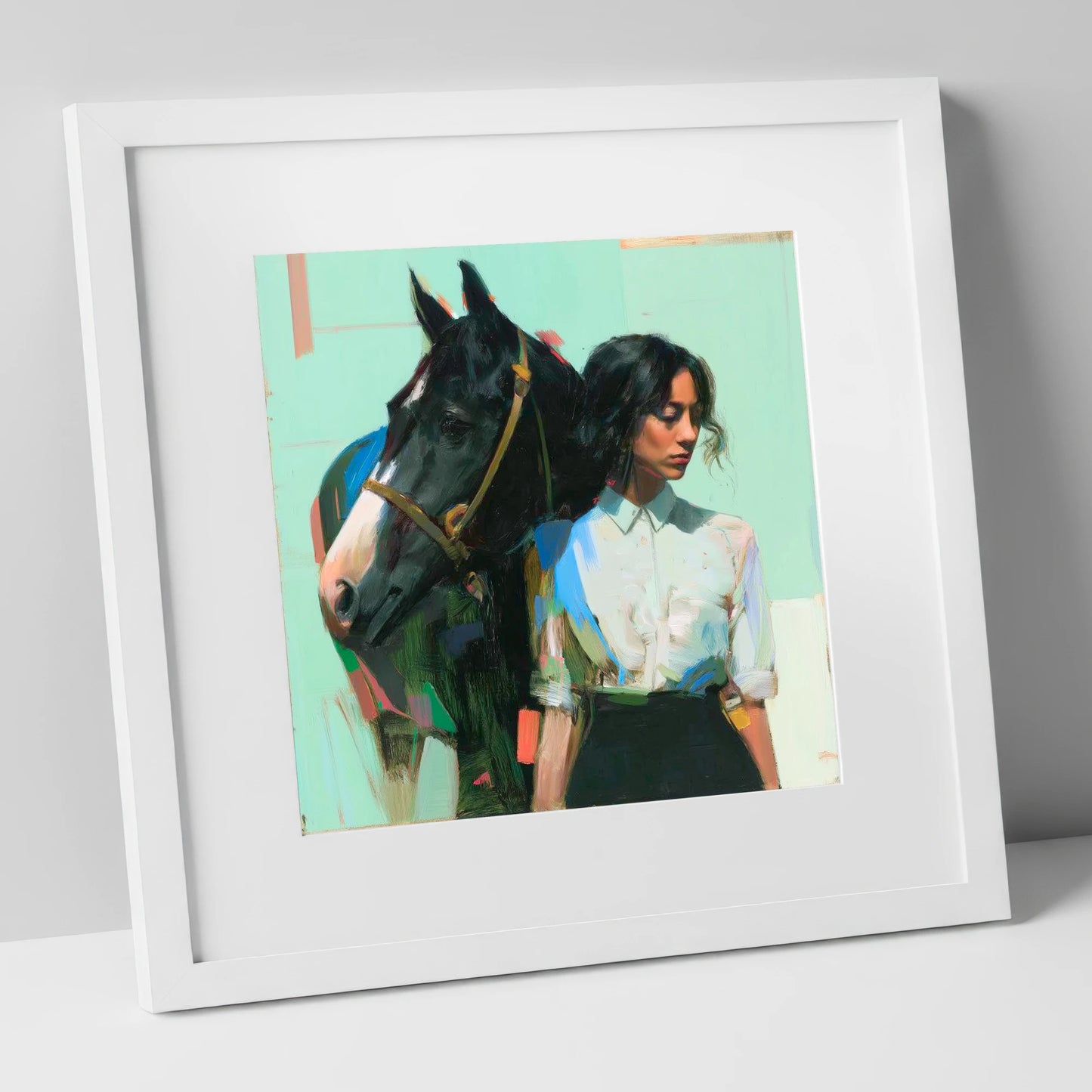 The Shared Silence horse & rider art print in white frame