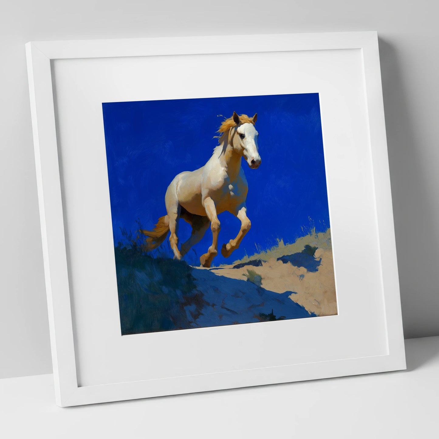 Sunlit Ascent wild horses art print in white frame