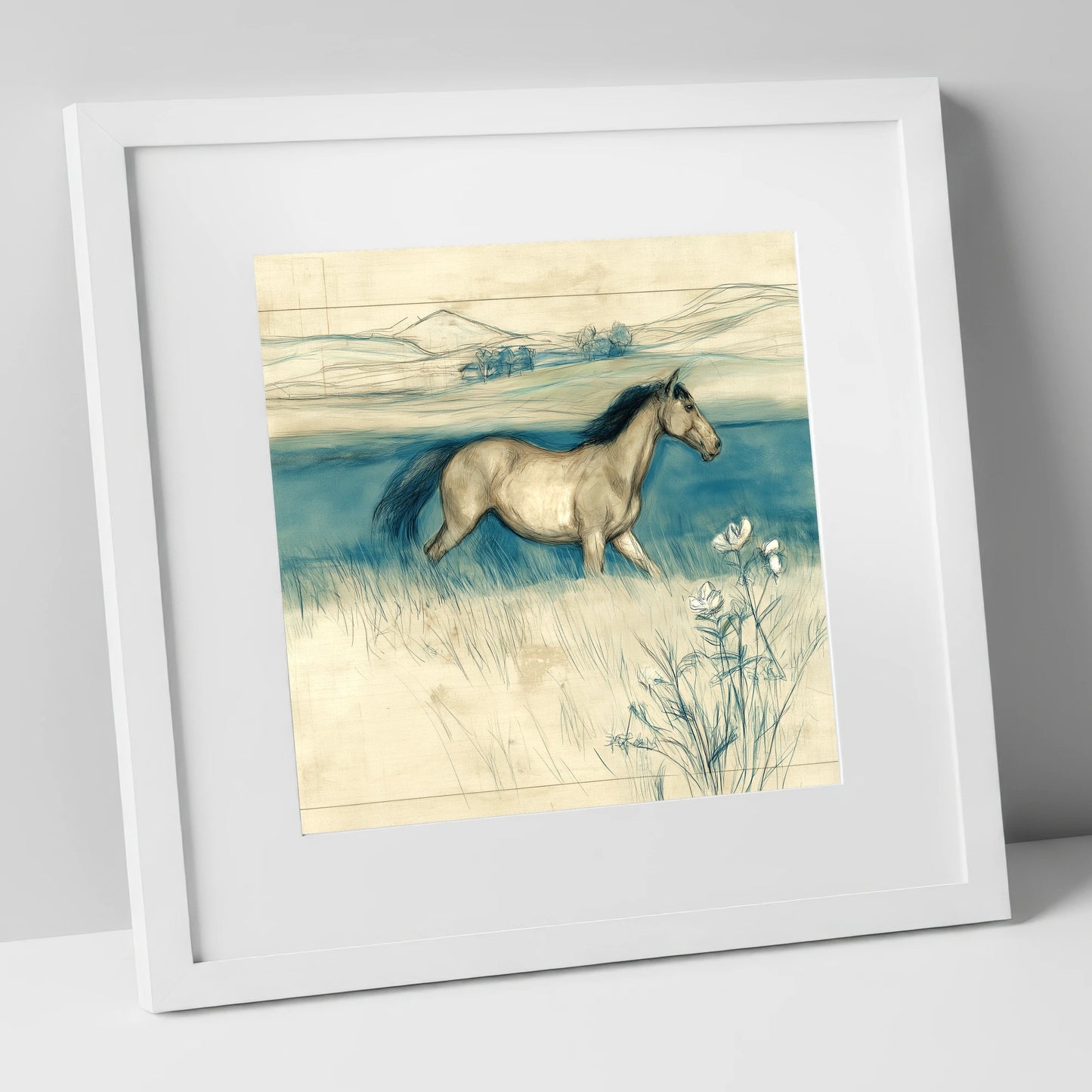 Teal Horizon Canter horse landscape art print in white frame