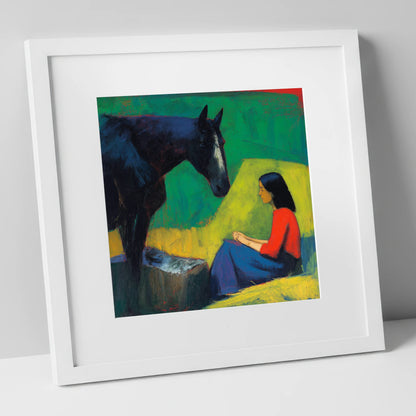 Quiet Communion horse & rider art print in white frame