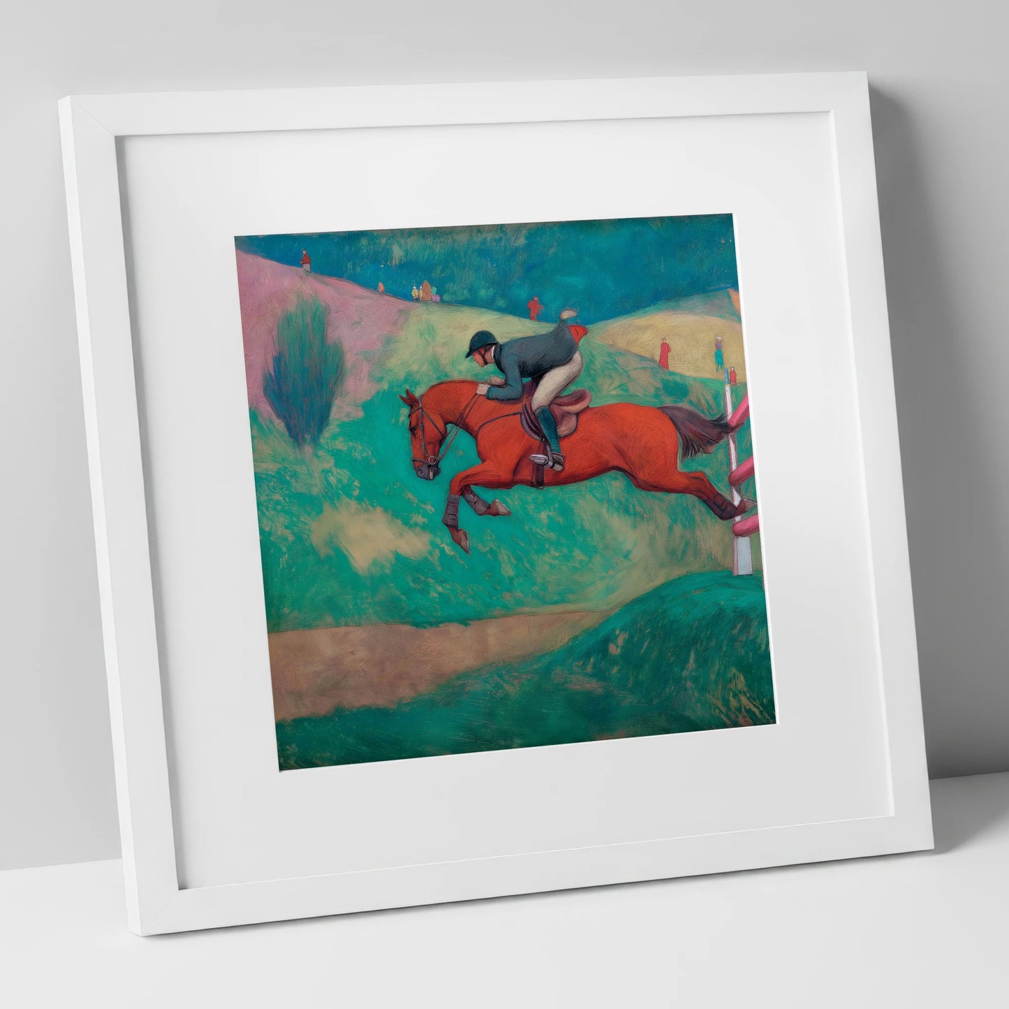 Flight Over Emerald Hills show jumping horse art print in white frame