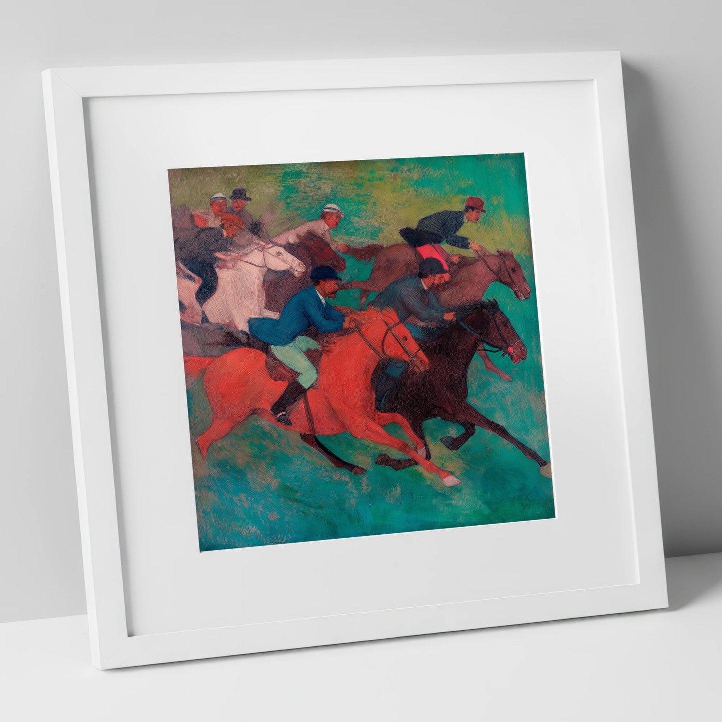 The Crimson Stride racing horse art print in white frame