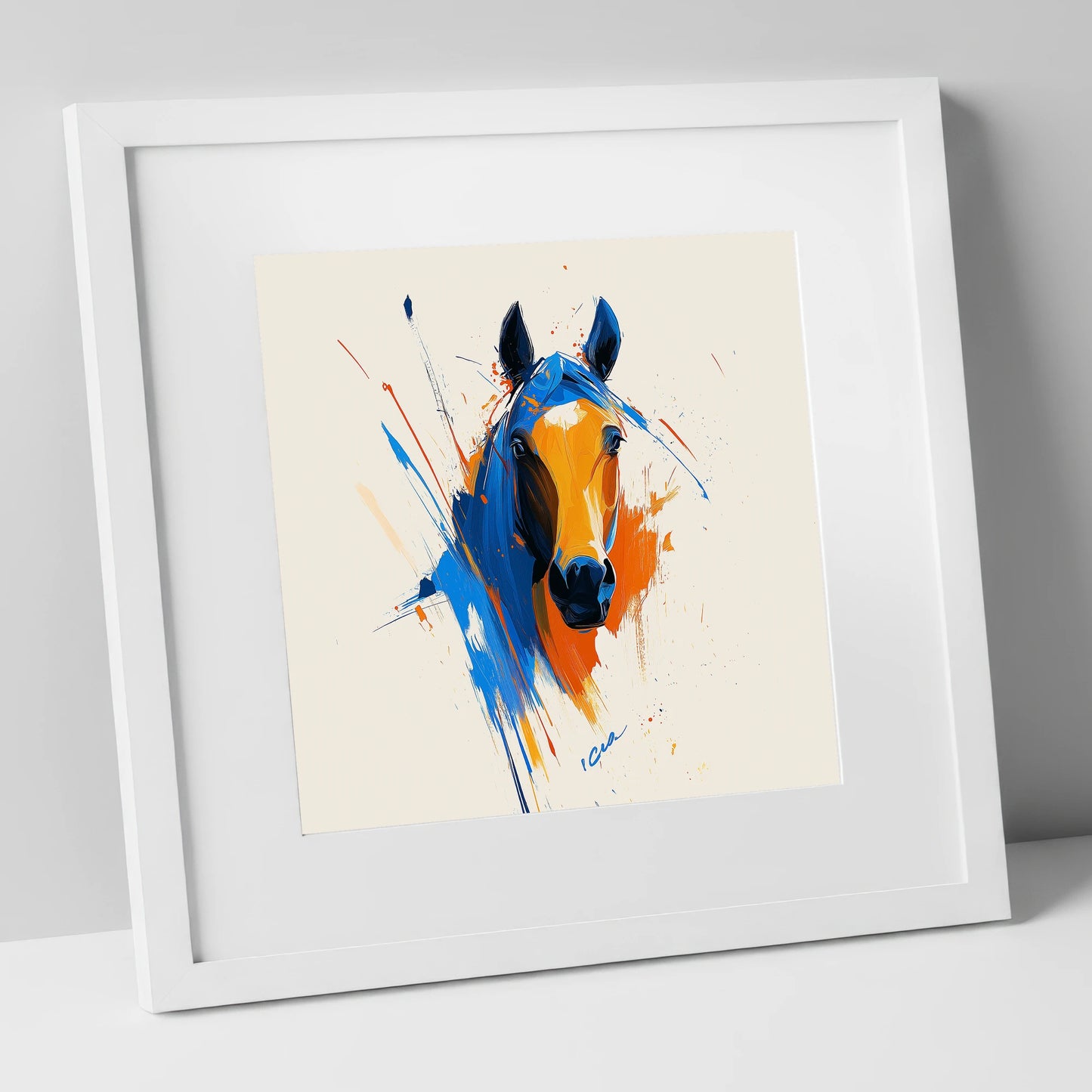 Indigo and Fire horse portrait art print in white frame