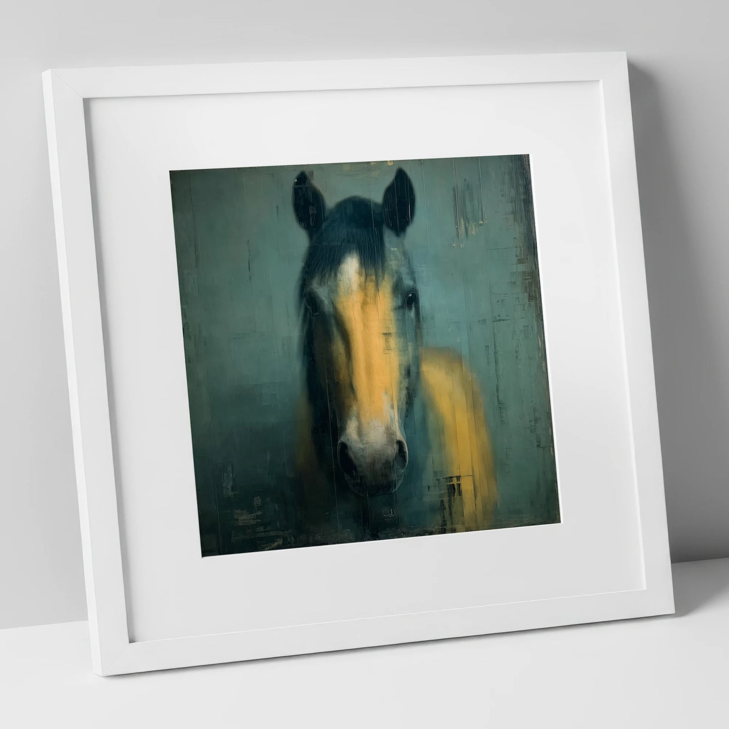Ochre and Slate horse portrait art print in white frame