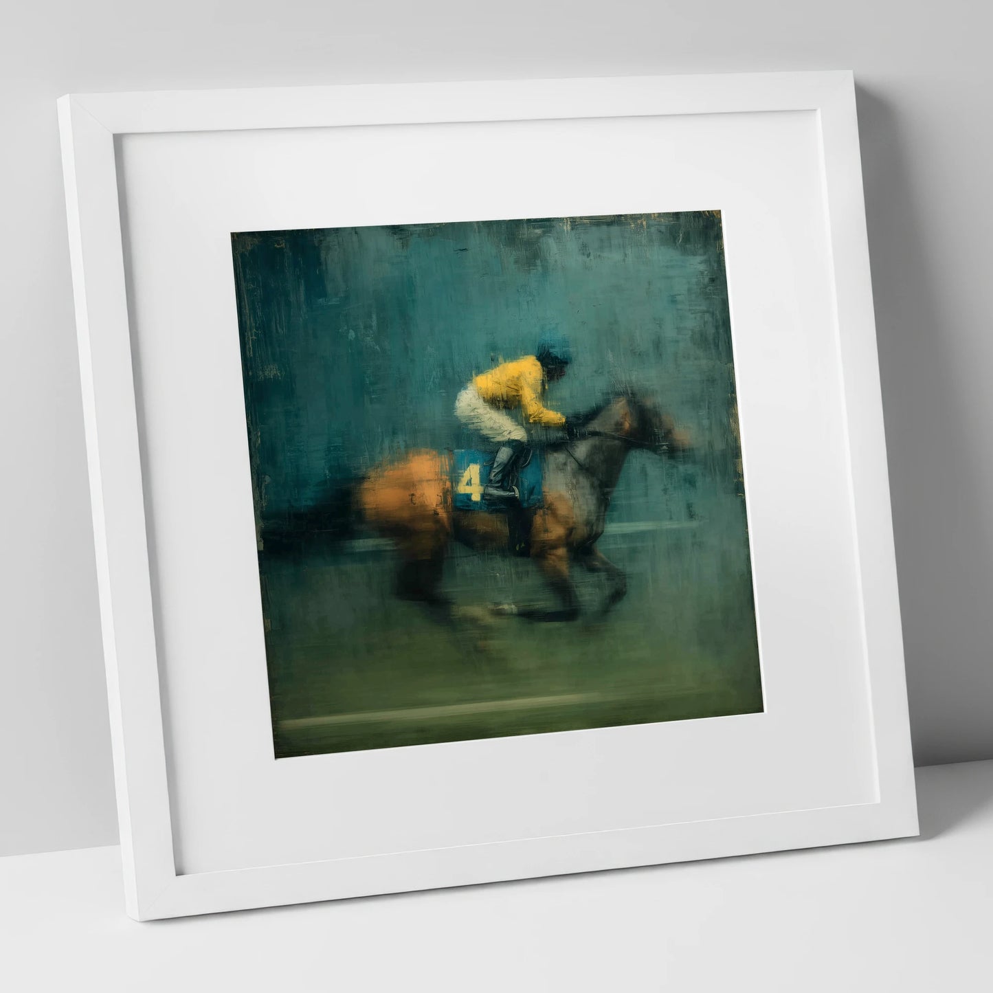 Velocity in Yellow racing horse art print in white frame
