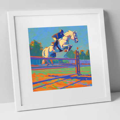 Vibrant Clearance show jumping horse art print in white frame