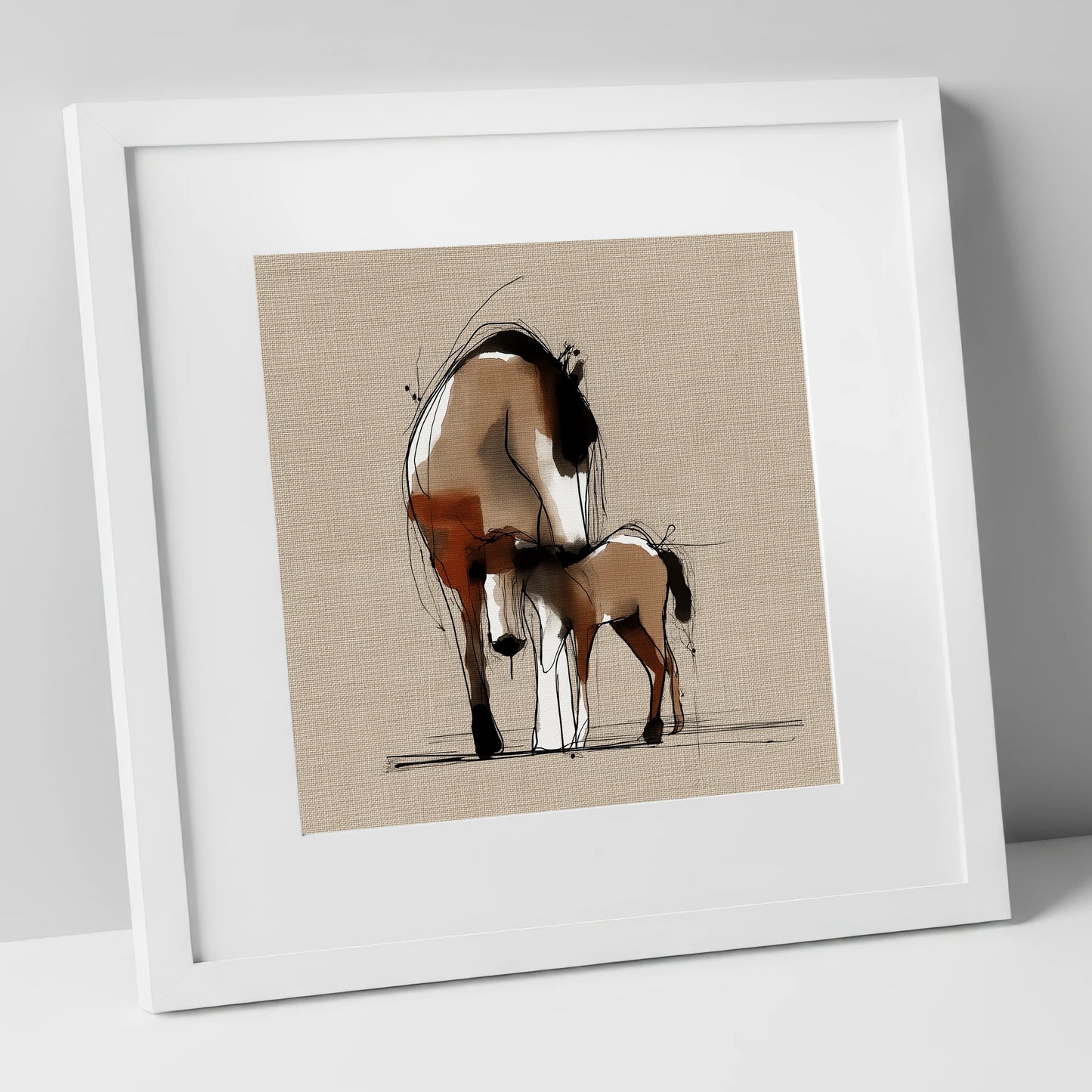 Tender Sepia Bond mare & foal art print in white frame