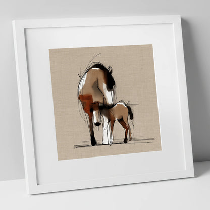 Tender Sepia Bond mare & foal art print in white frame