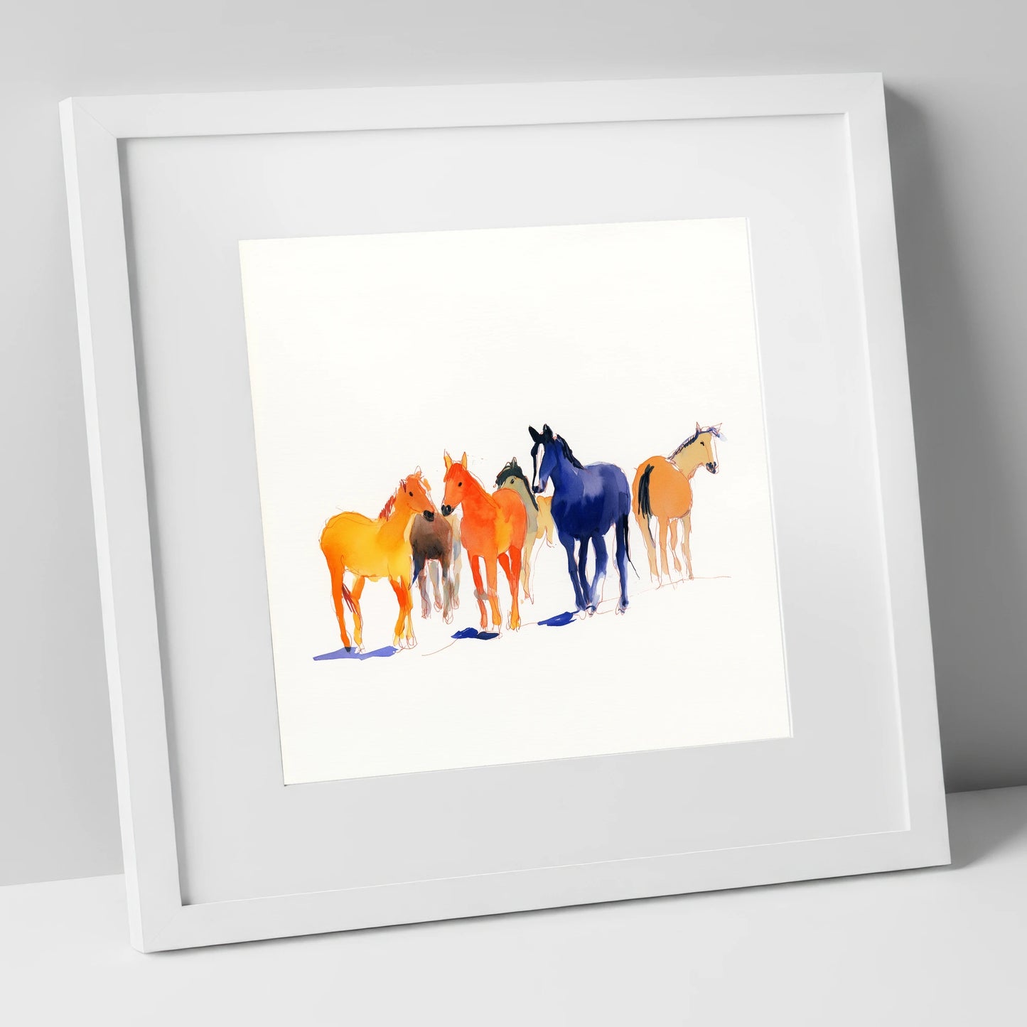 Vibrant Herd horse landscape art print in white frame