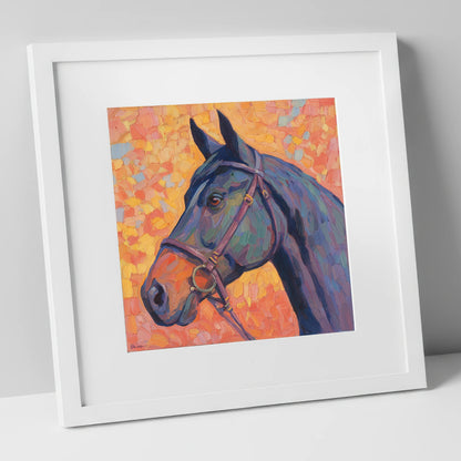 Radiant Equine Profile horse portrait art print in white frame