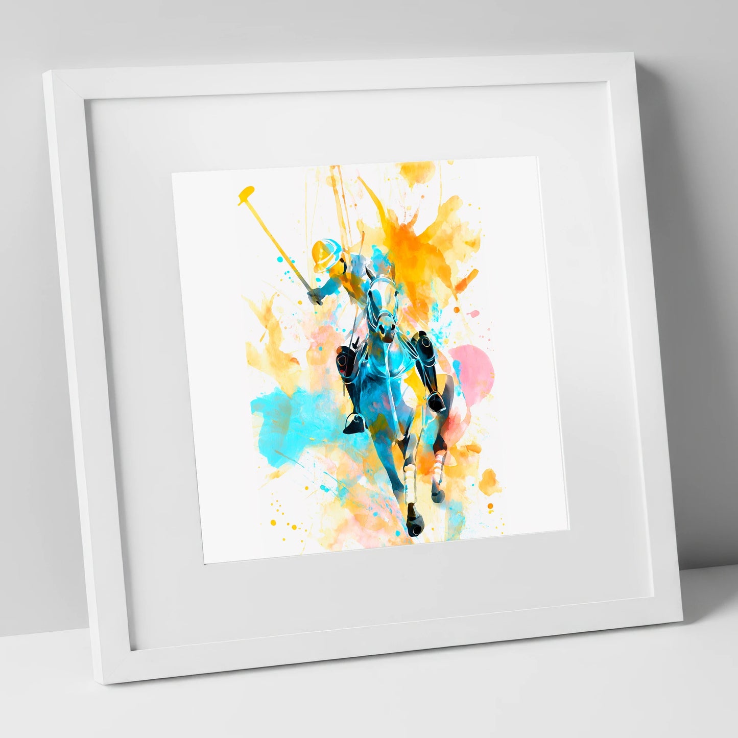 The Decisive Strike polo horse art print in white frame