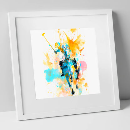 The Decisive Strike polo horse art print in white frame