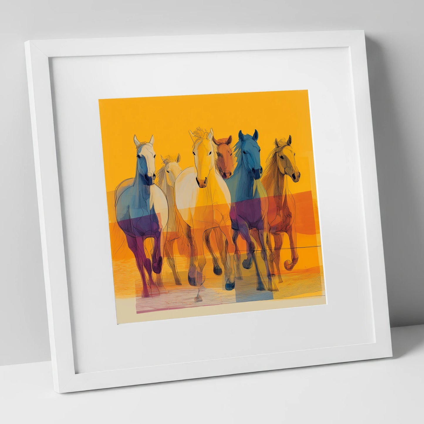 The Vibrant Herd horse landscape art print in white frame
