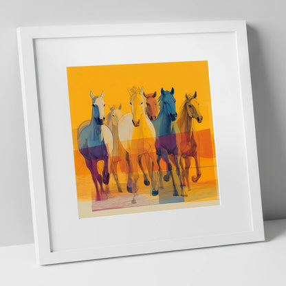 The Vibrant Herd horse landscape art print in white frame