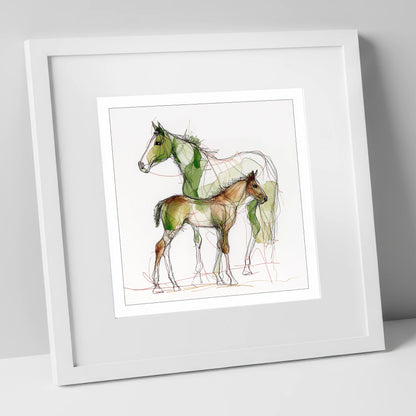 Lines of Kinship mare & foal art print in white frame
