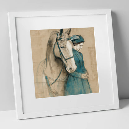Silent Bond horse & rider art print in white frame