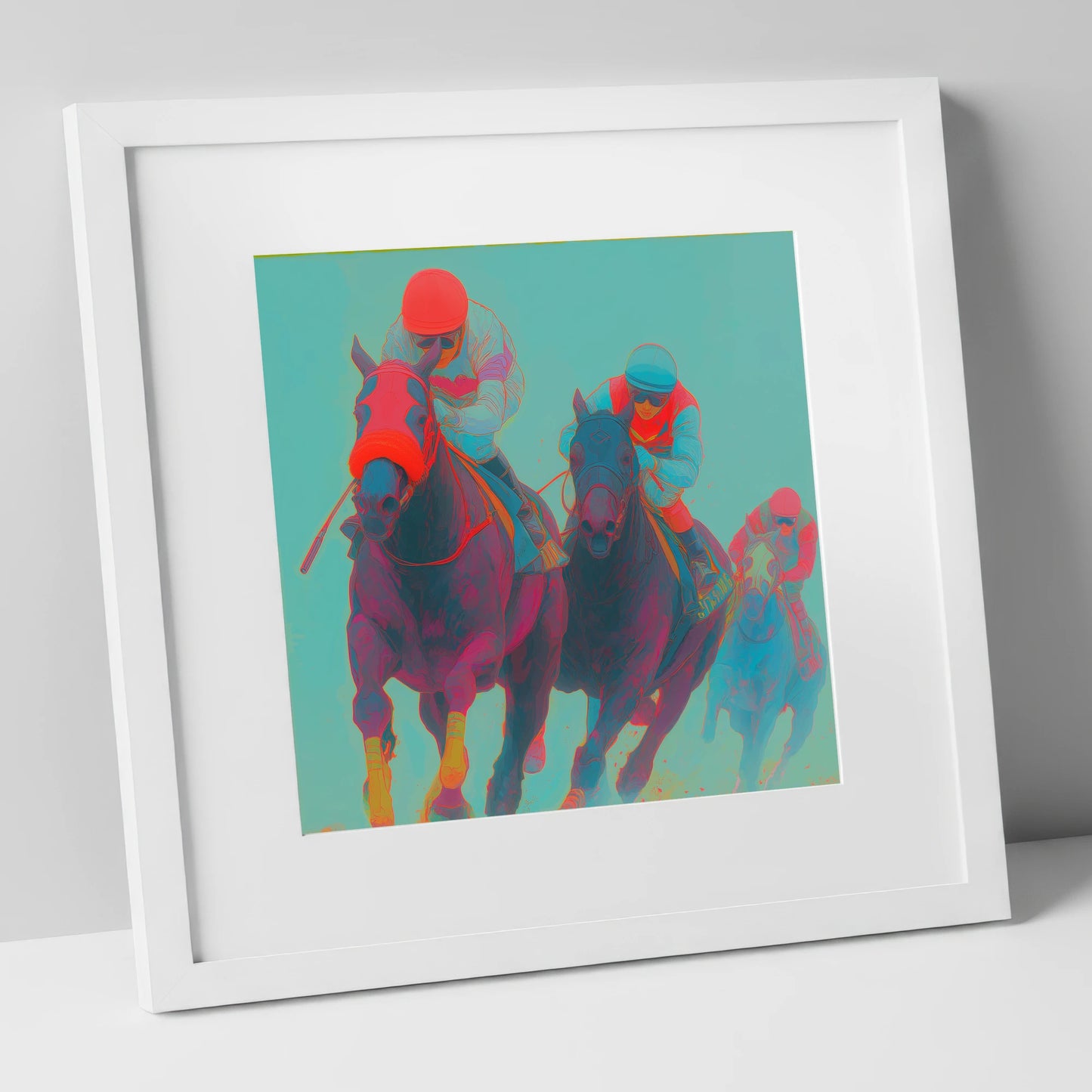 Electric Homestretch racing horse art print in white frame