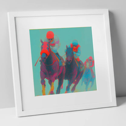 Electric Homestretch racing horse art print in white frame