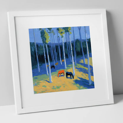 Golden Light in the Azure Grove horse landscape art print in white frame