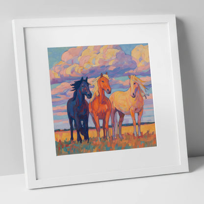 Three Under Painted Skies horse landscape art print in white frame