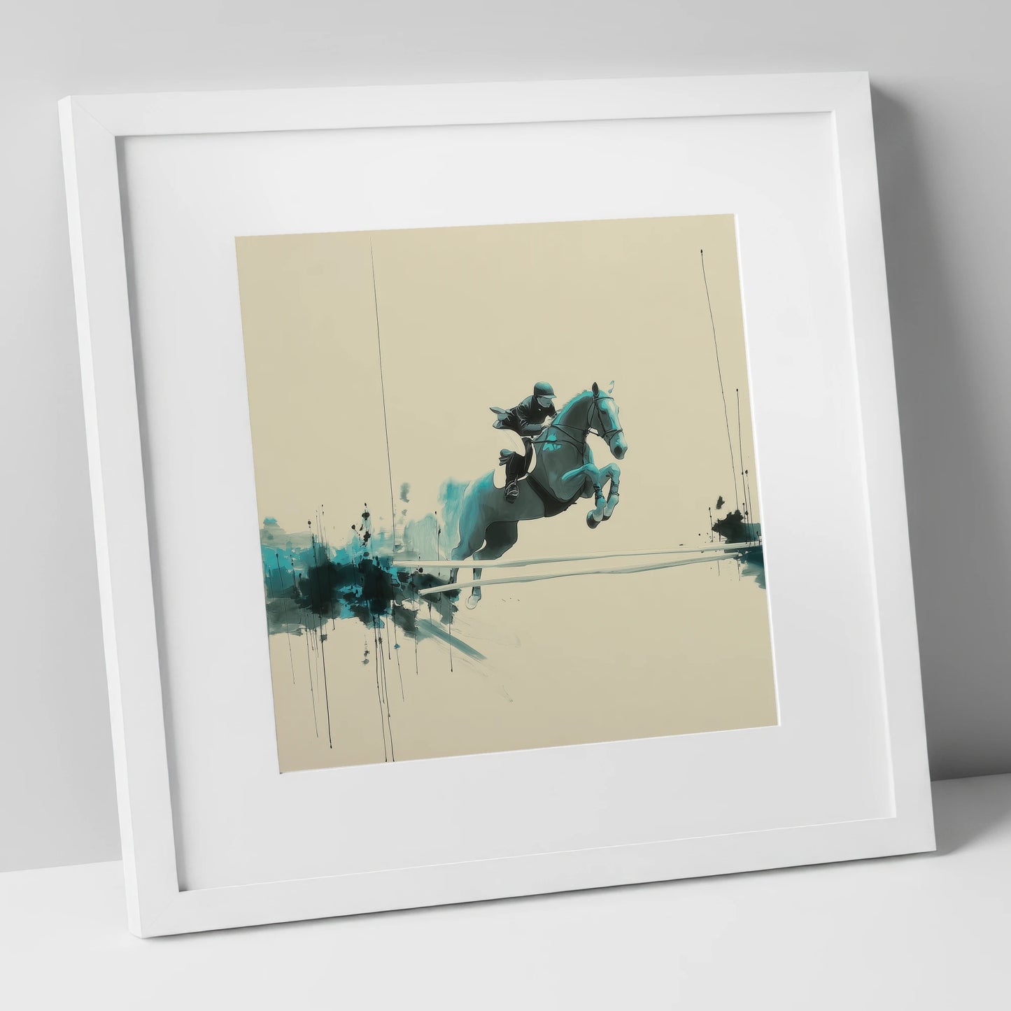 Airborne in Teal show jumping horse art print in white frame
