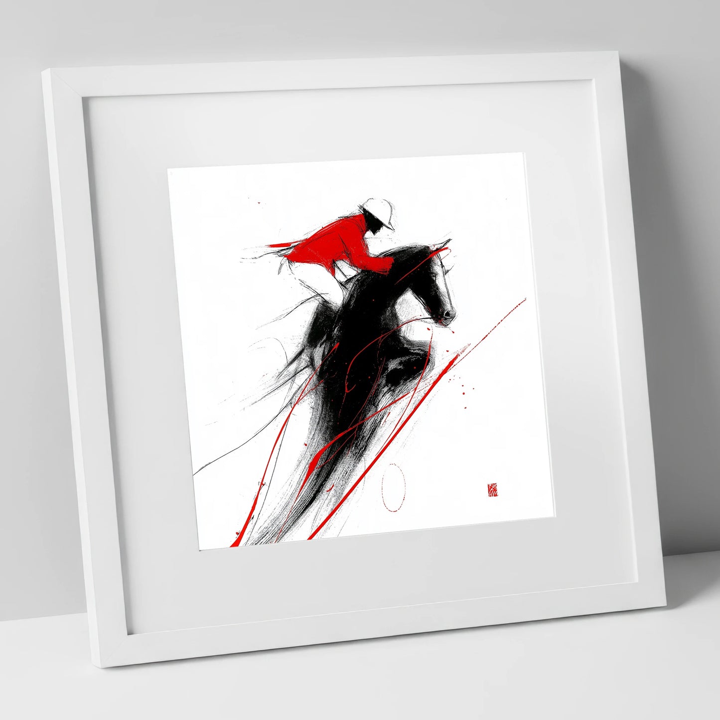 Flight in Crimson show jumping horse art print in white frame