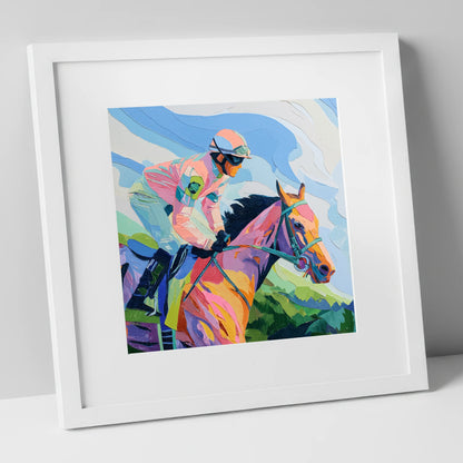 Technicolour Gallop racing horse art print in white frame