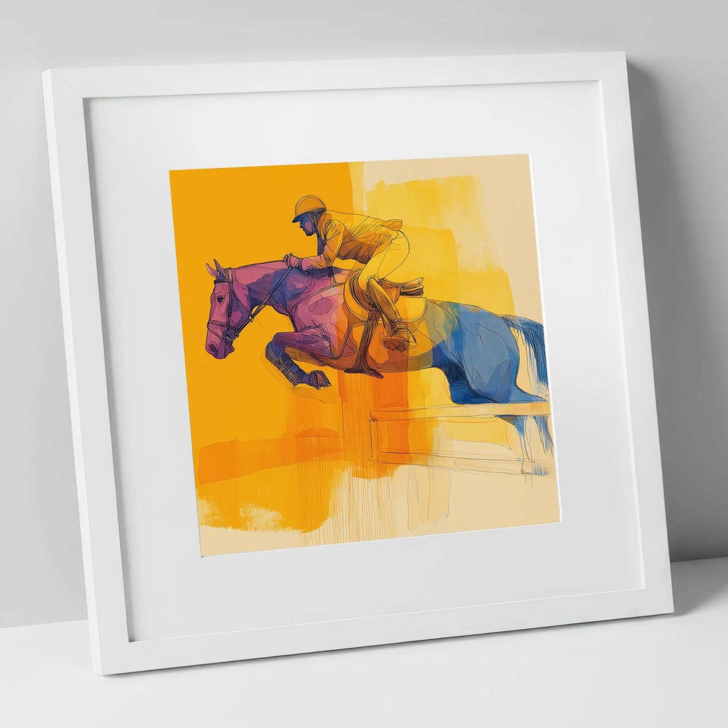 The Colour of Flight show jumping horse art print in white frame