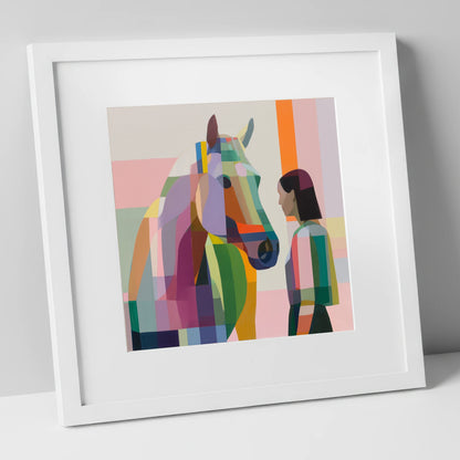 Prismatic Partnership horse & rider art print in white frame