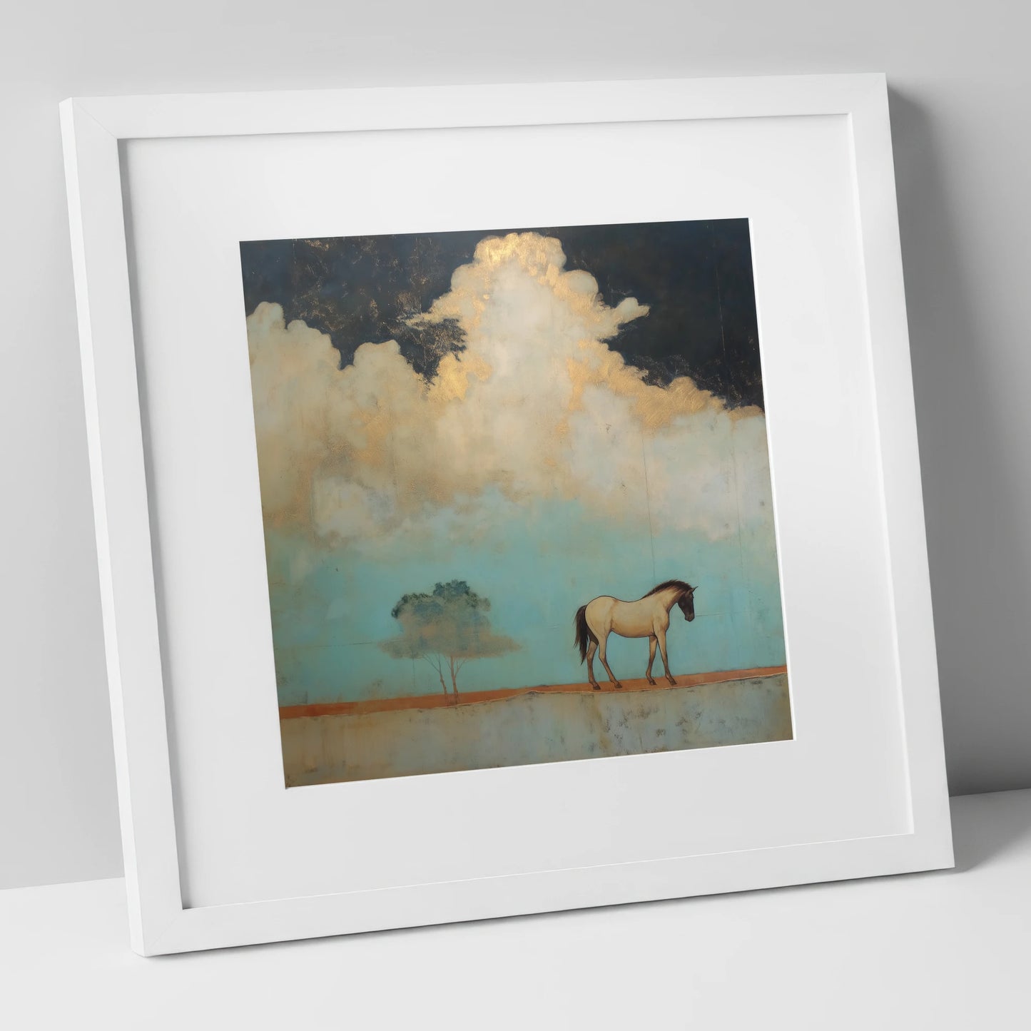 Beneath the Gilded Cloud horse landscape art print in white frame