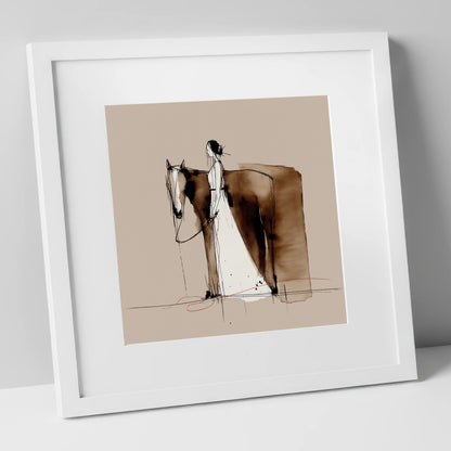 Silent Partnership horse & rider art print in white frame