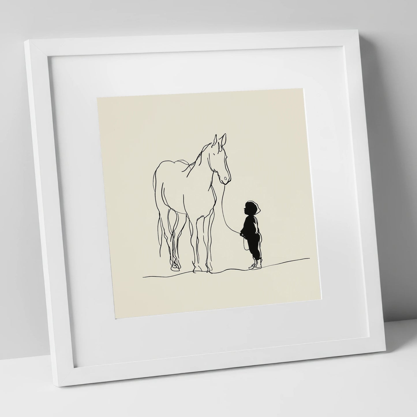 First Connection horse & rider art print in white frame