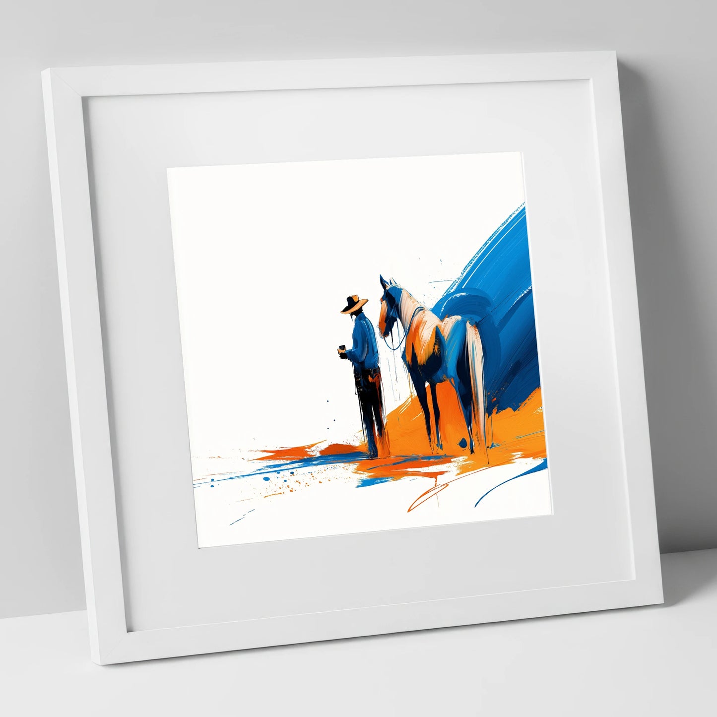 Bold Western Bond horse & rider art print in white frame