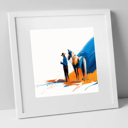 Bold Western Bond horse & rider art print in white frame