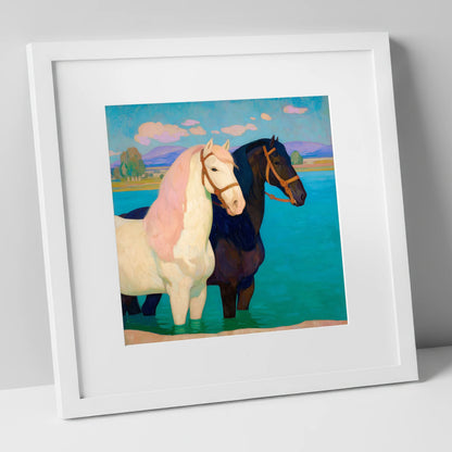Cooling in the Shallows horse landscape art print in white frame
