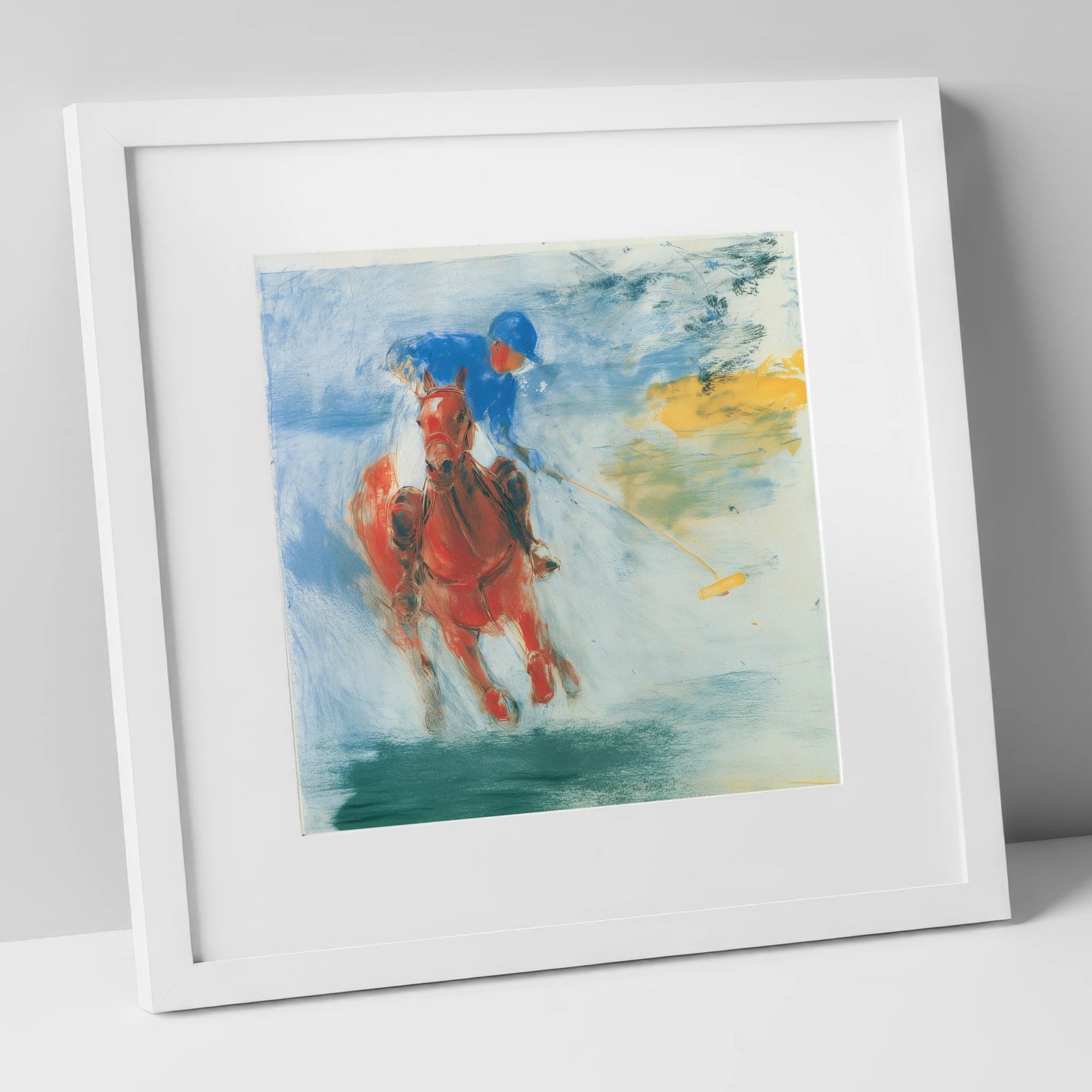 Midfield Strike polo horse art print in white frame
