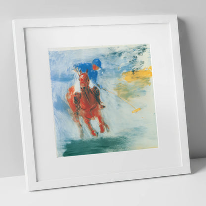 Midfield Strike polo horse art print in white frame