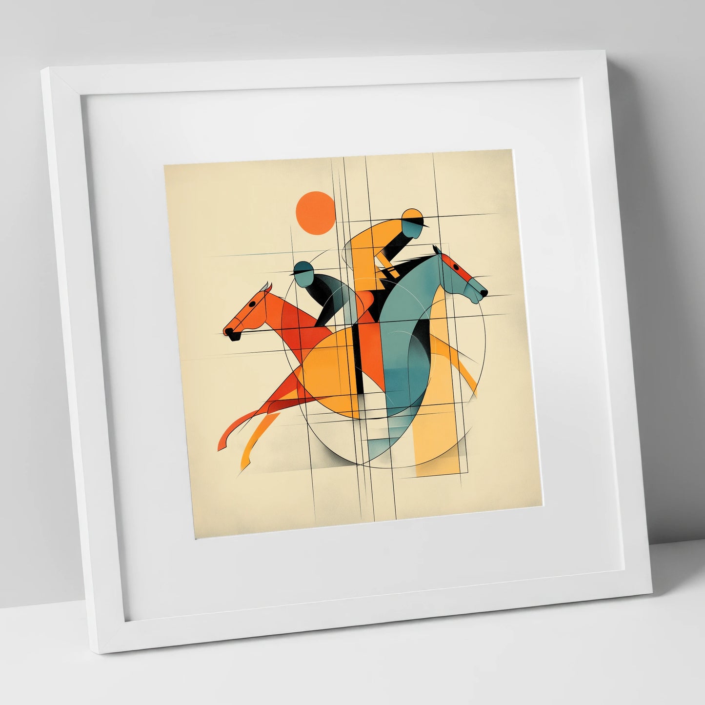 Geometry of the Gallop racing horse art print in white frame