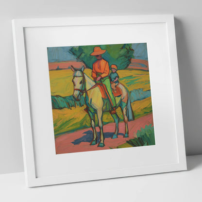 Vivid Summer Companion horse & rider art print in white frame