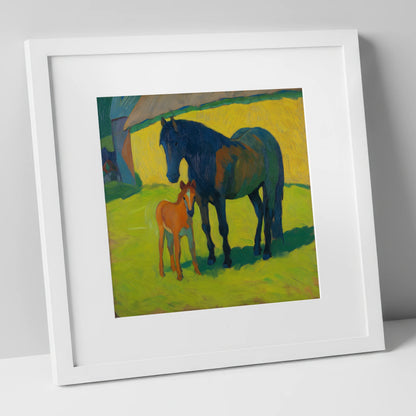 Radiant Pasture Bond mare & foal art print in white frame