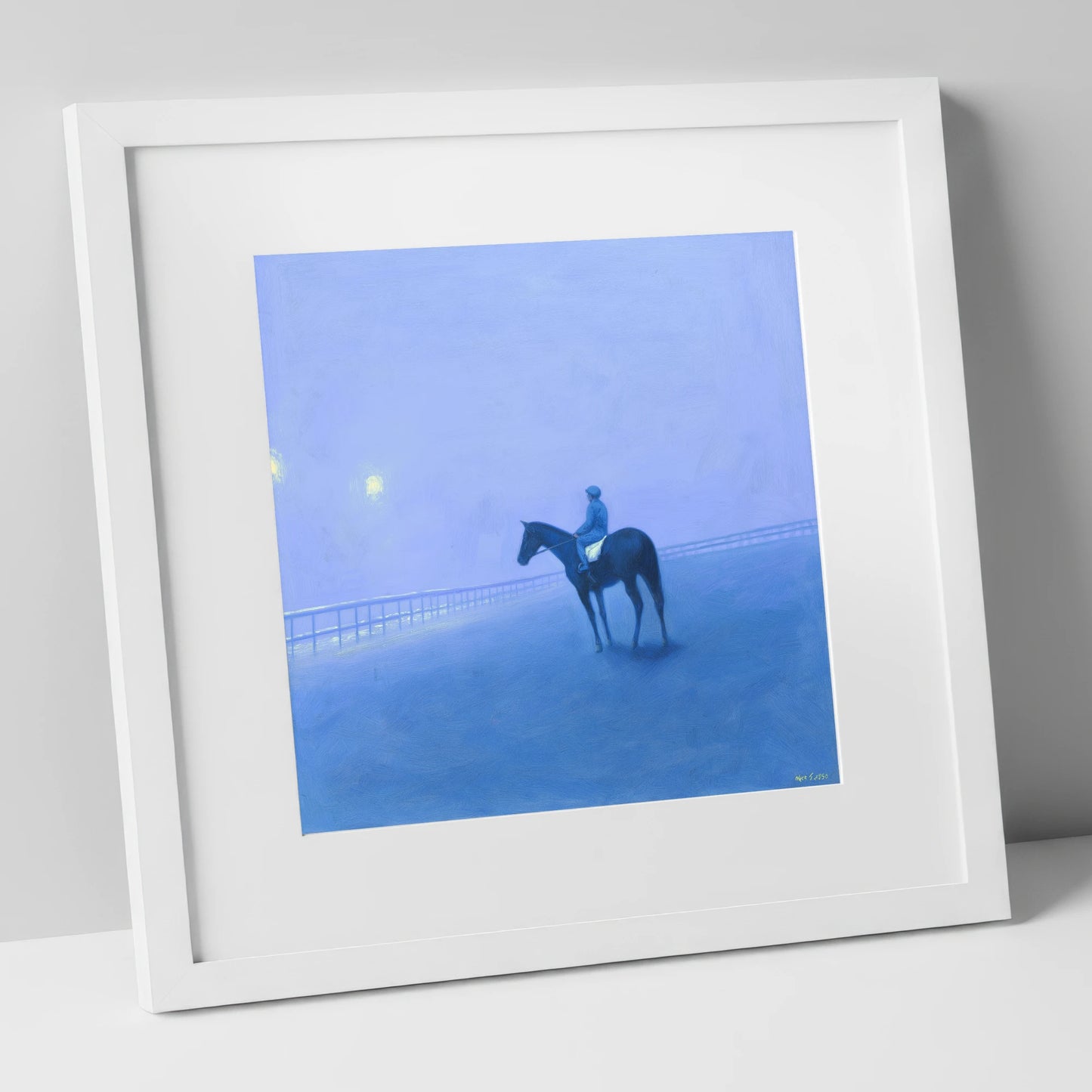 Dawn on the Gallops racing horse art print in white frame