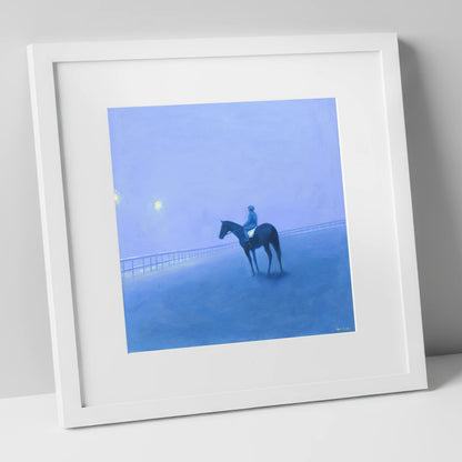 Dawn on the Gallops racing horse art print in white frame