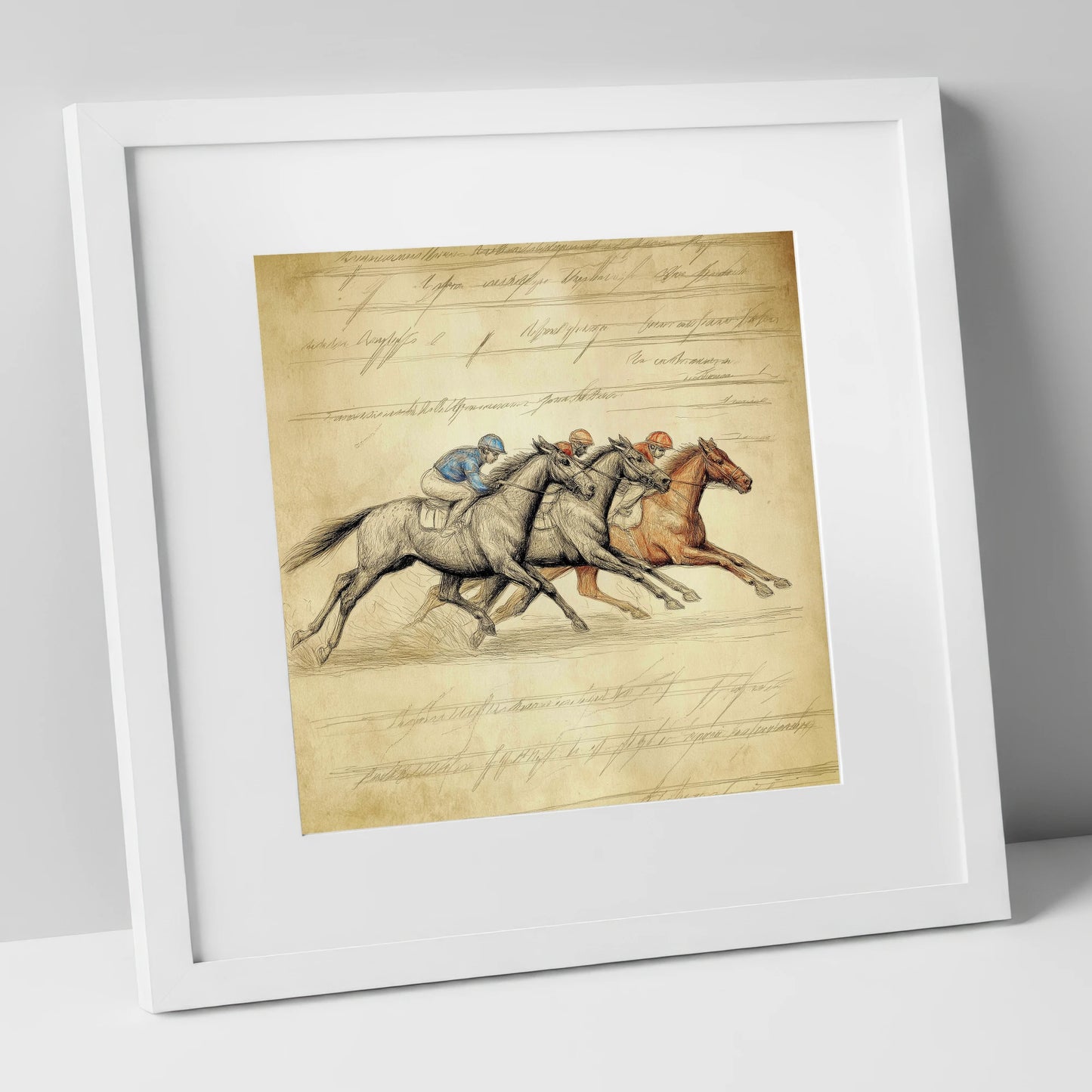Vintage Thoroughbred Racing Study racing horse art print in white frame